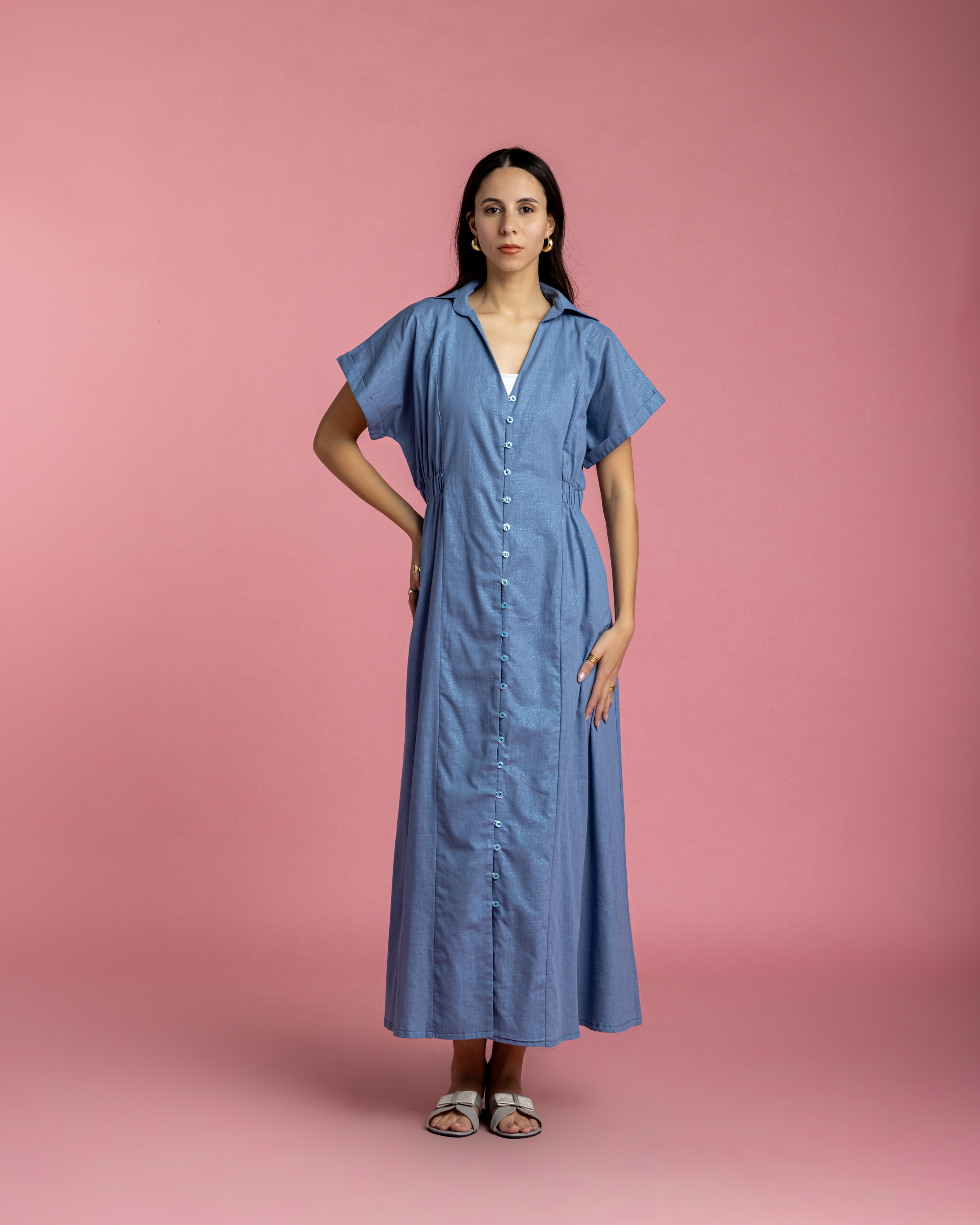 Aziza Dress - Blue Linen with Metallic Sparks