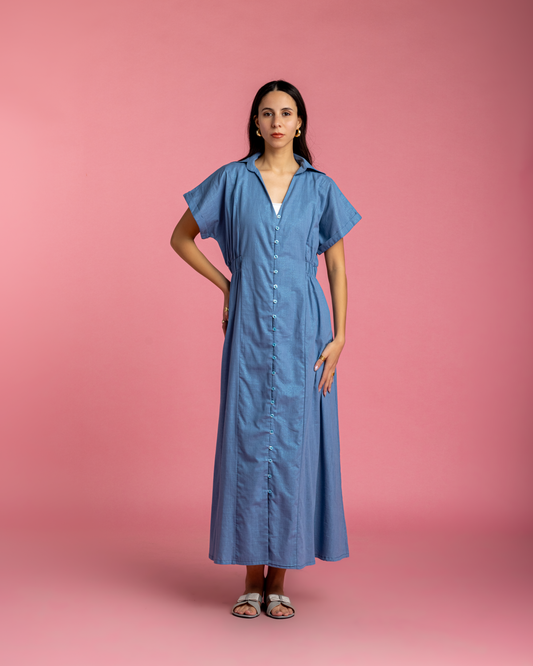Aziza Dress - Blue Linen with Metallic Sparks