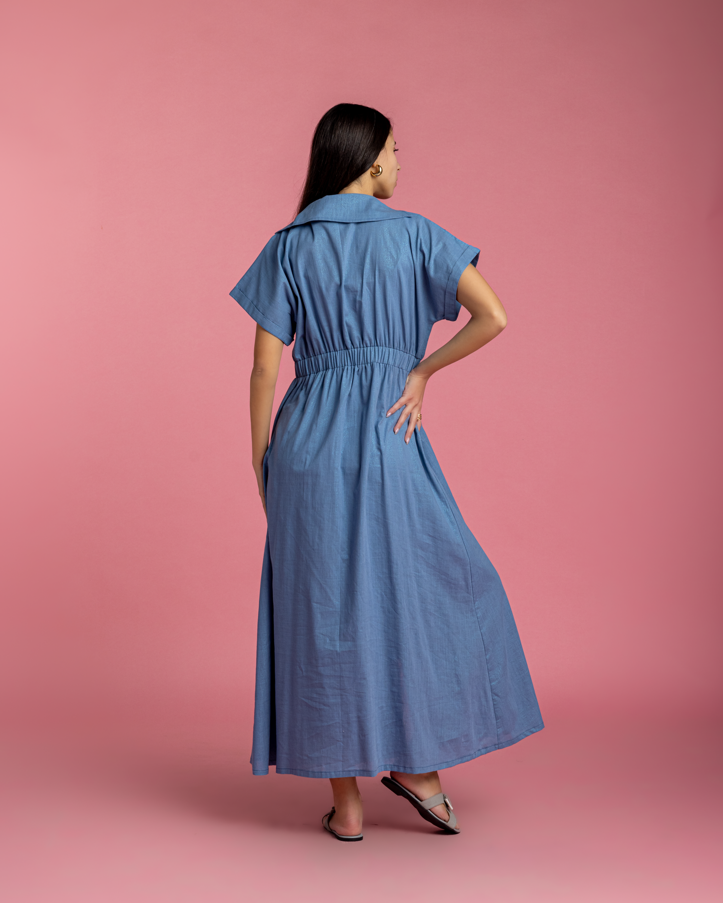 Aziza Dress - Blue Linen with Metallic Sparks