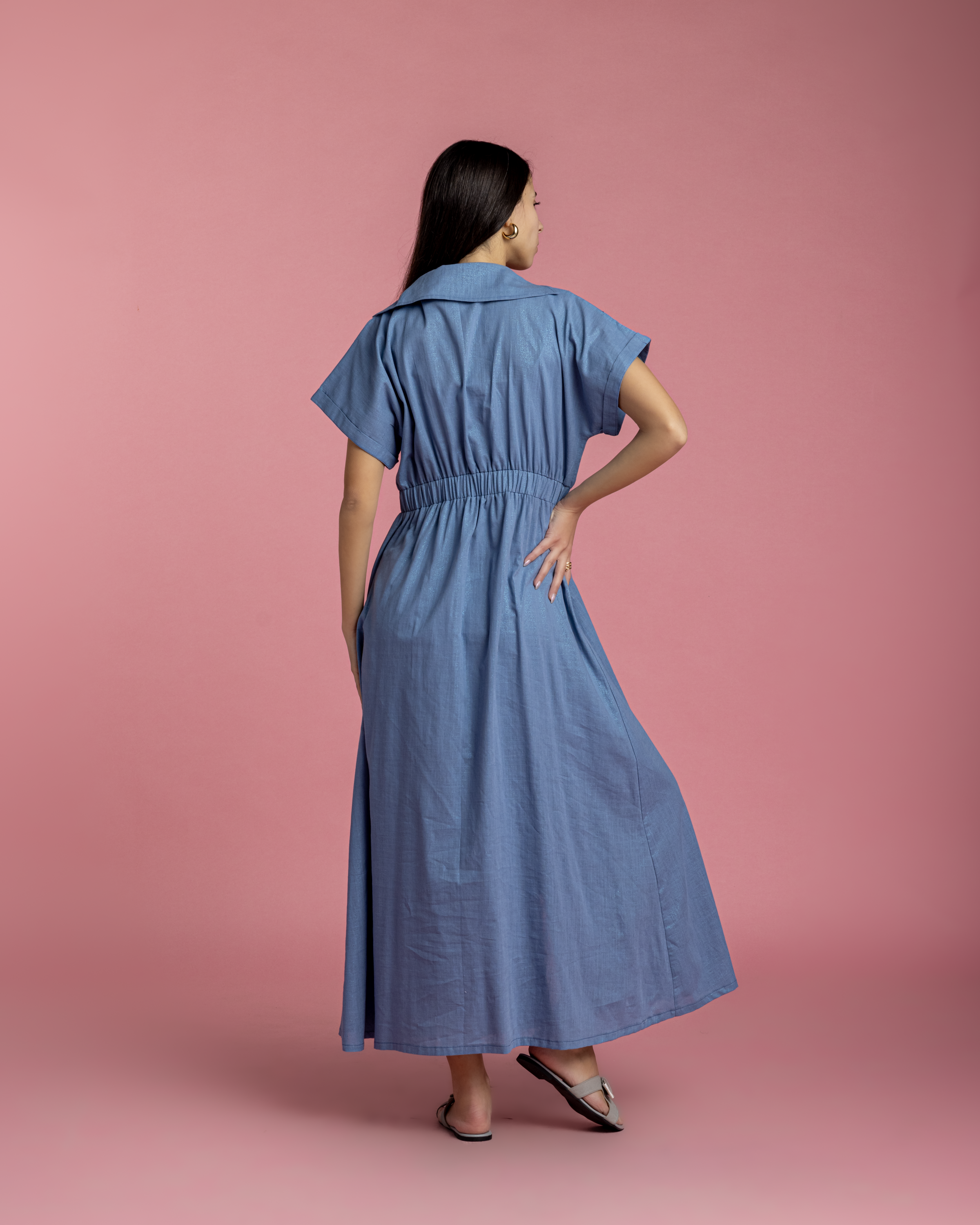 Aziza Dress - Blue Linen with Metallic Sparks