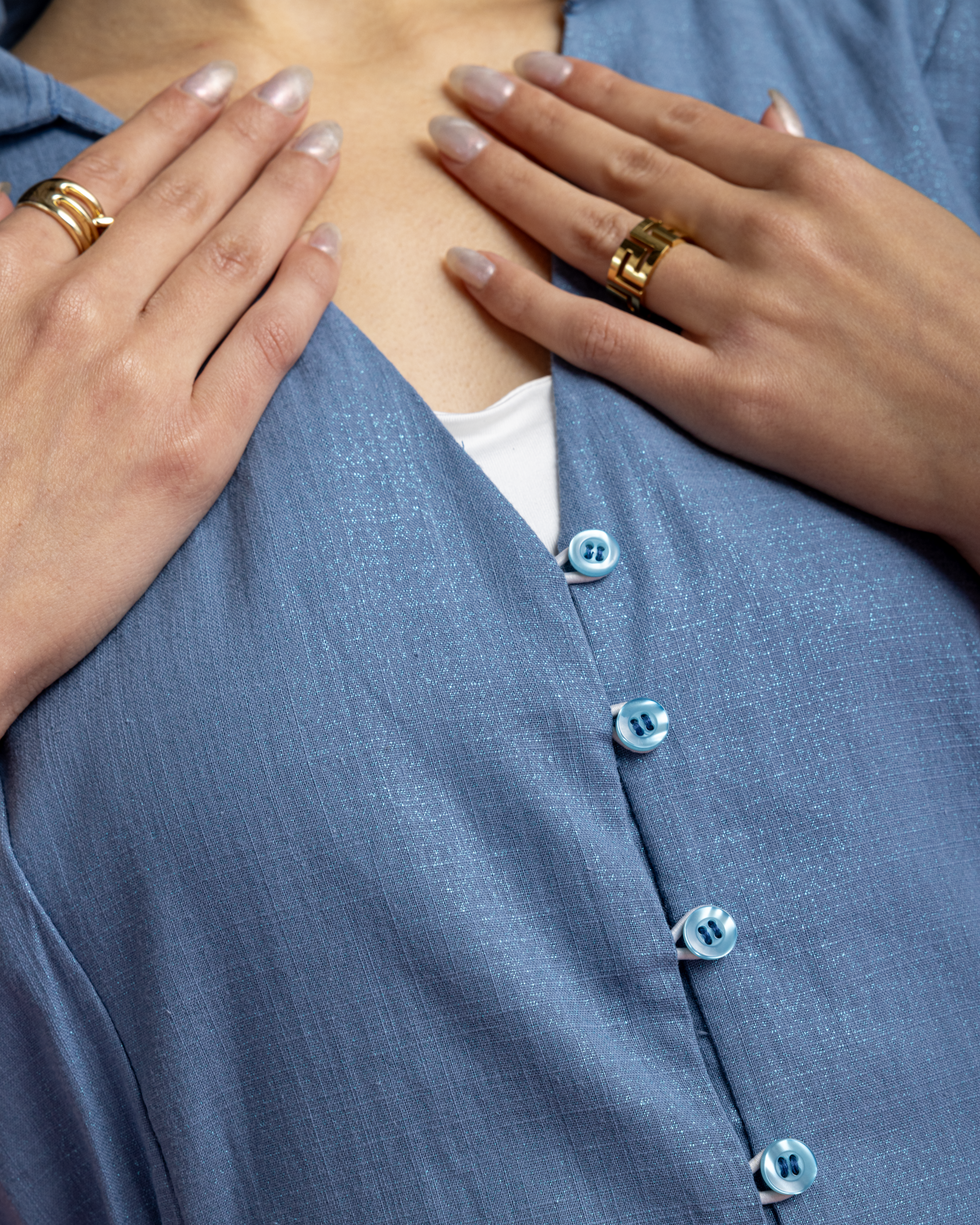 Aziza Dress - Blue Linen with Metallic Sparks