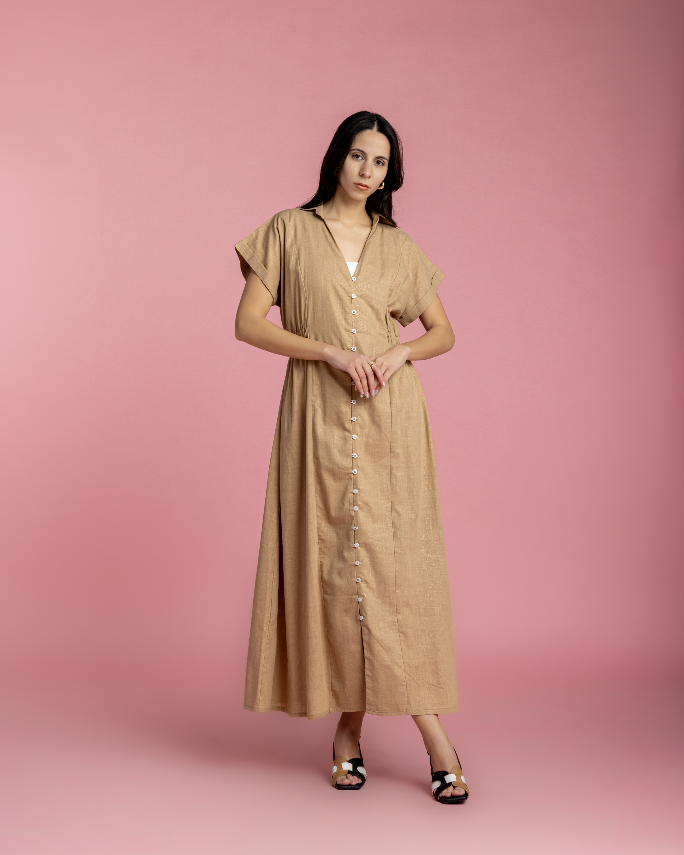 Aziza Dress - Neutral Linen with Metallic Sparks