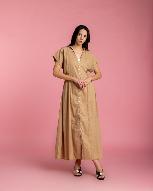 Aziza Dress - Neutral Linen with Metallic Sparks