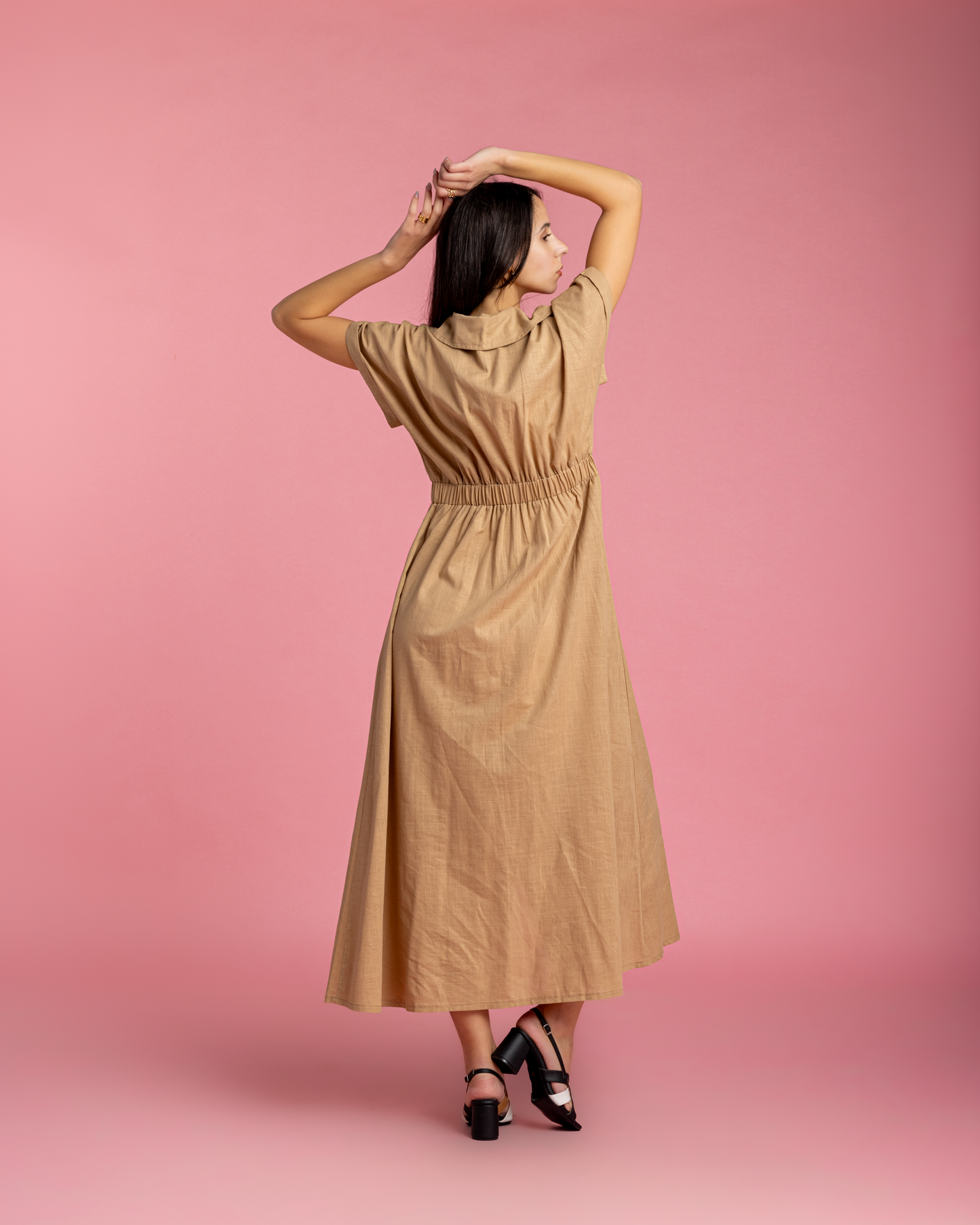 Aziza Dress - Neutral Linen with Metallic Sparks