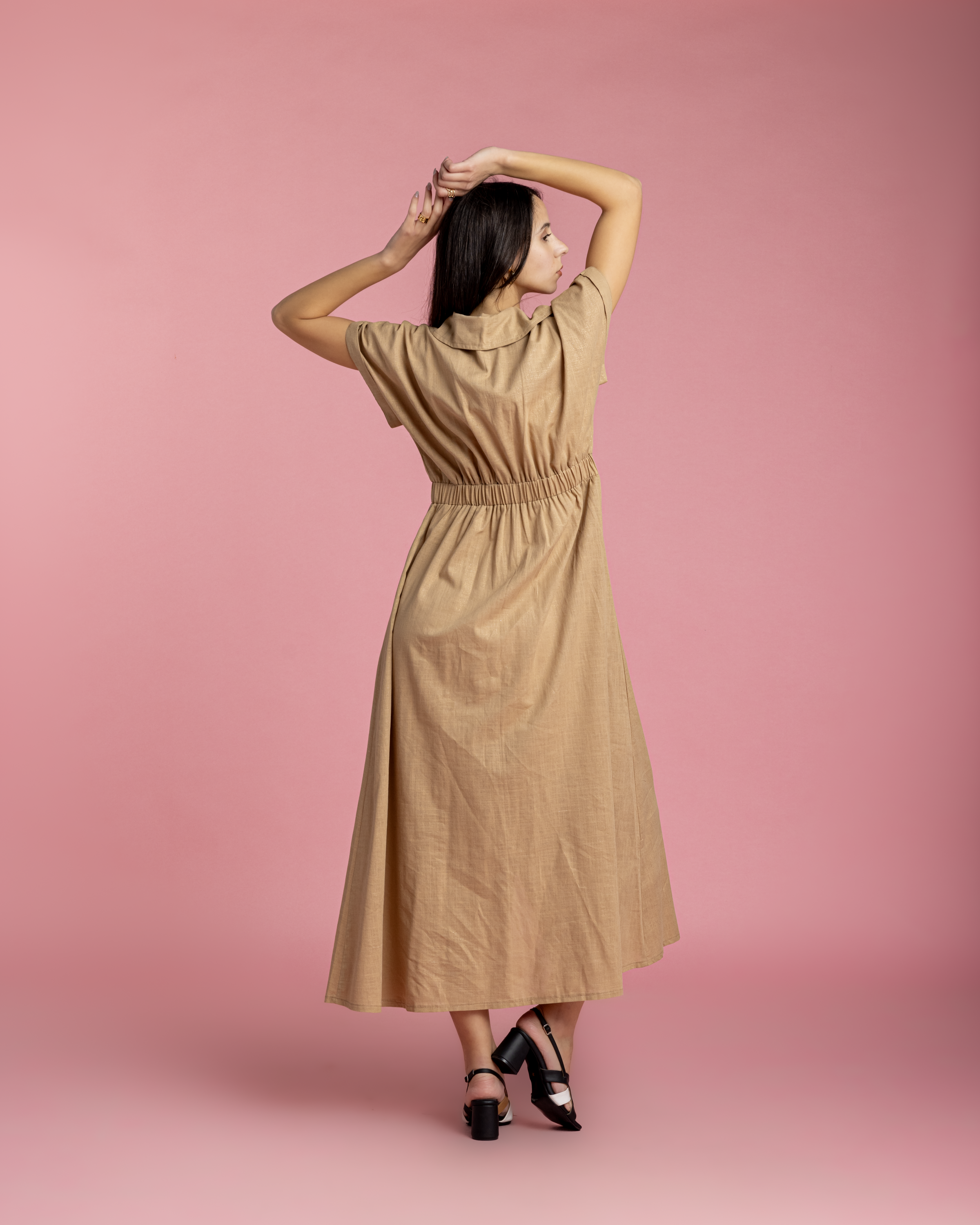 Aziza Dress - Neutral Linen with Metallic Sparks