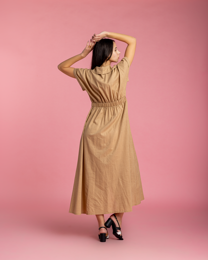 Aziza Dress - Neutral Linen with Metallic Sparks