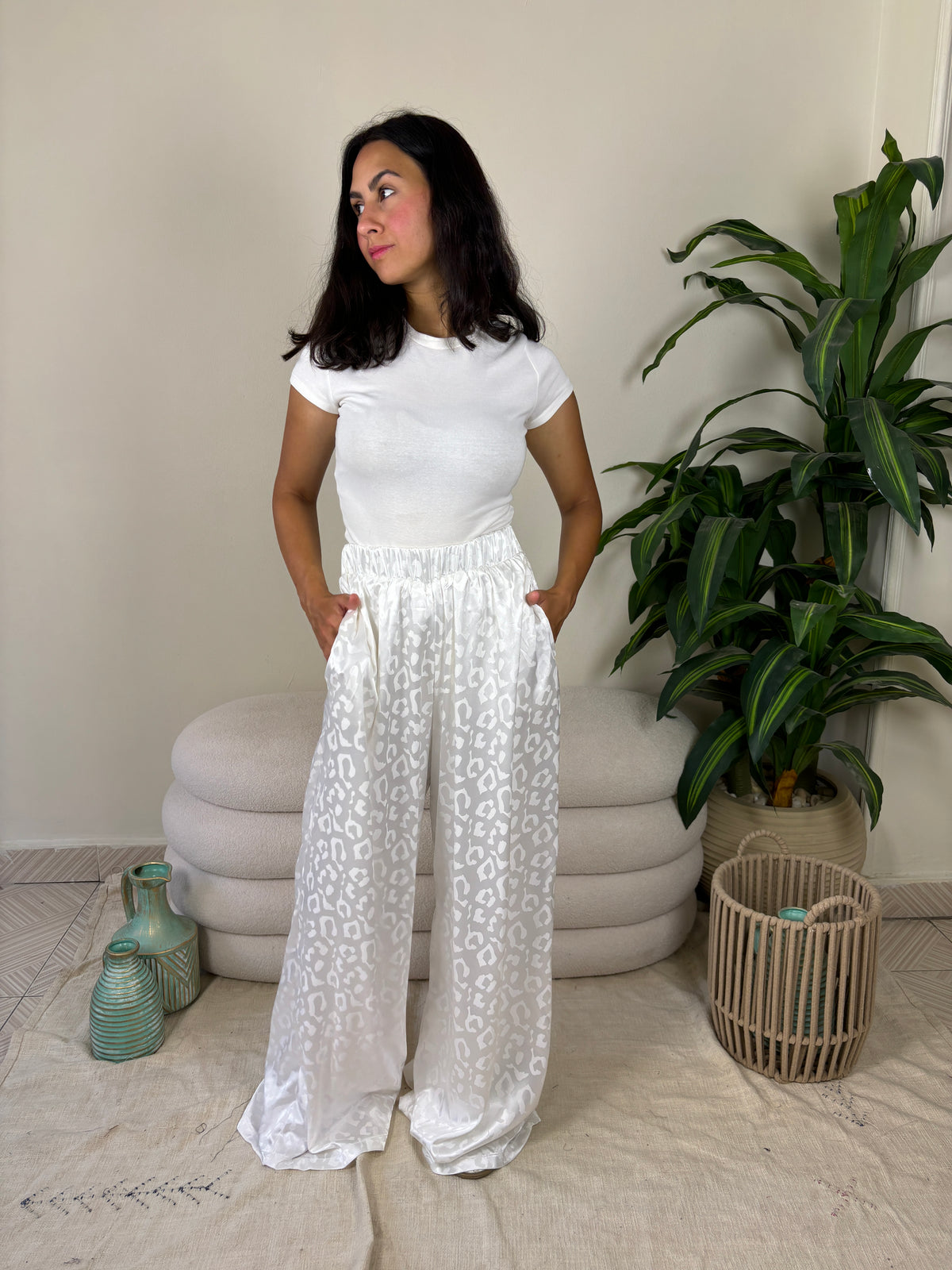 Satin off-white pants - cotton lined