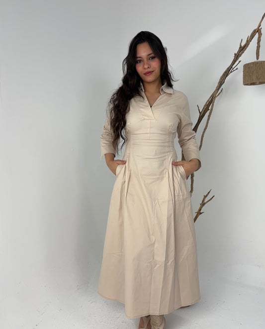 Cotton cinched waist dress-beige