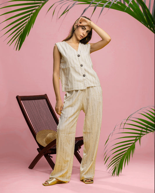 Vest Set - Beige x Green Lines