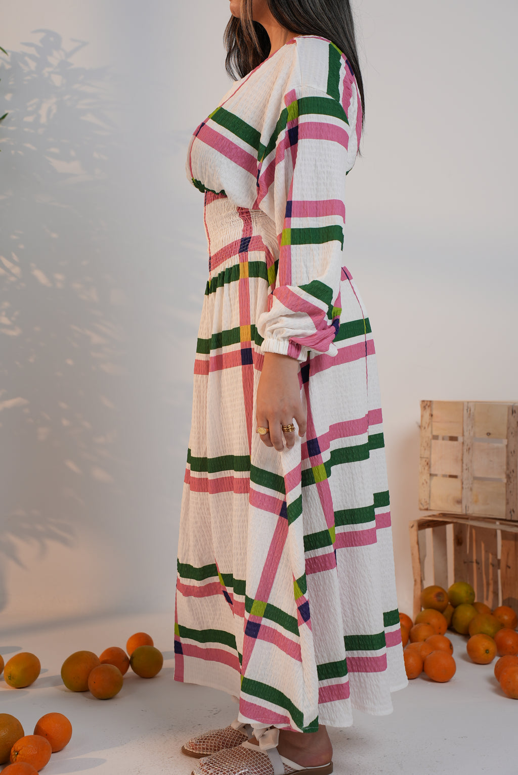 Rio Cinched Waist Dress - Pink & Green Checkers