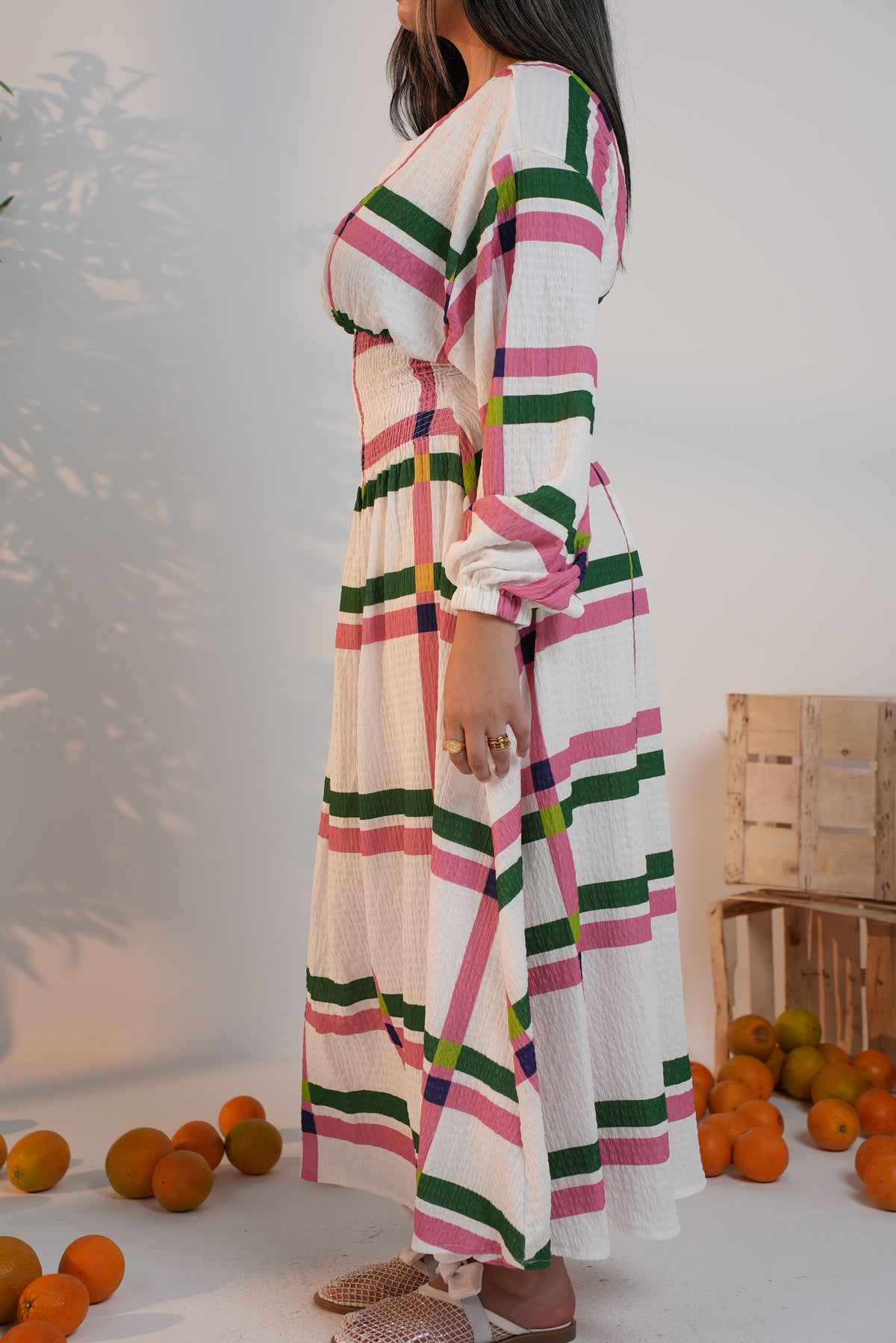 Rio Cinched Waist Dress - Pink & Green Checkers