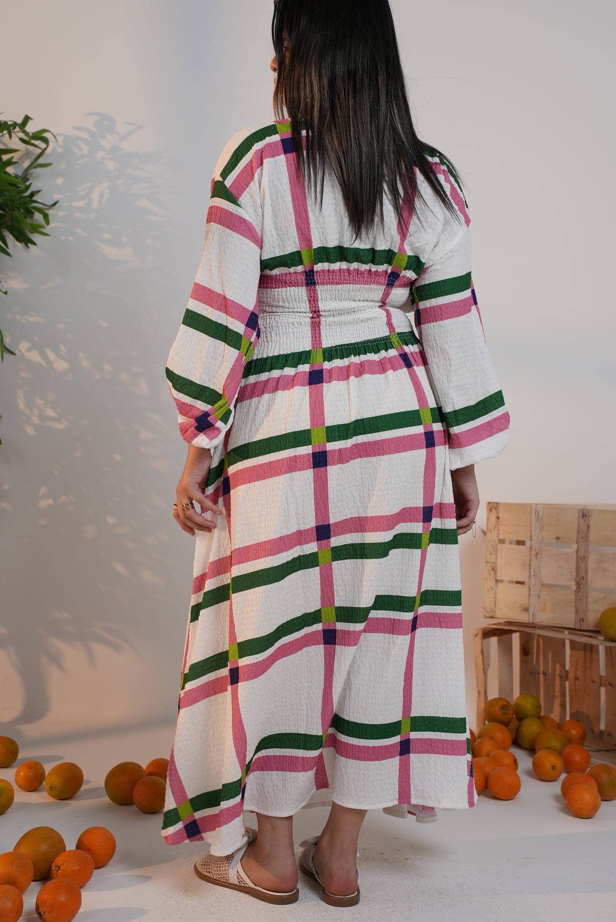 Rio Cinched Waist Dress - Pink & Green Checkers