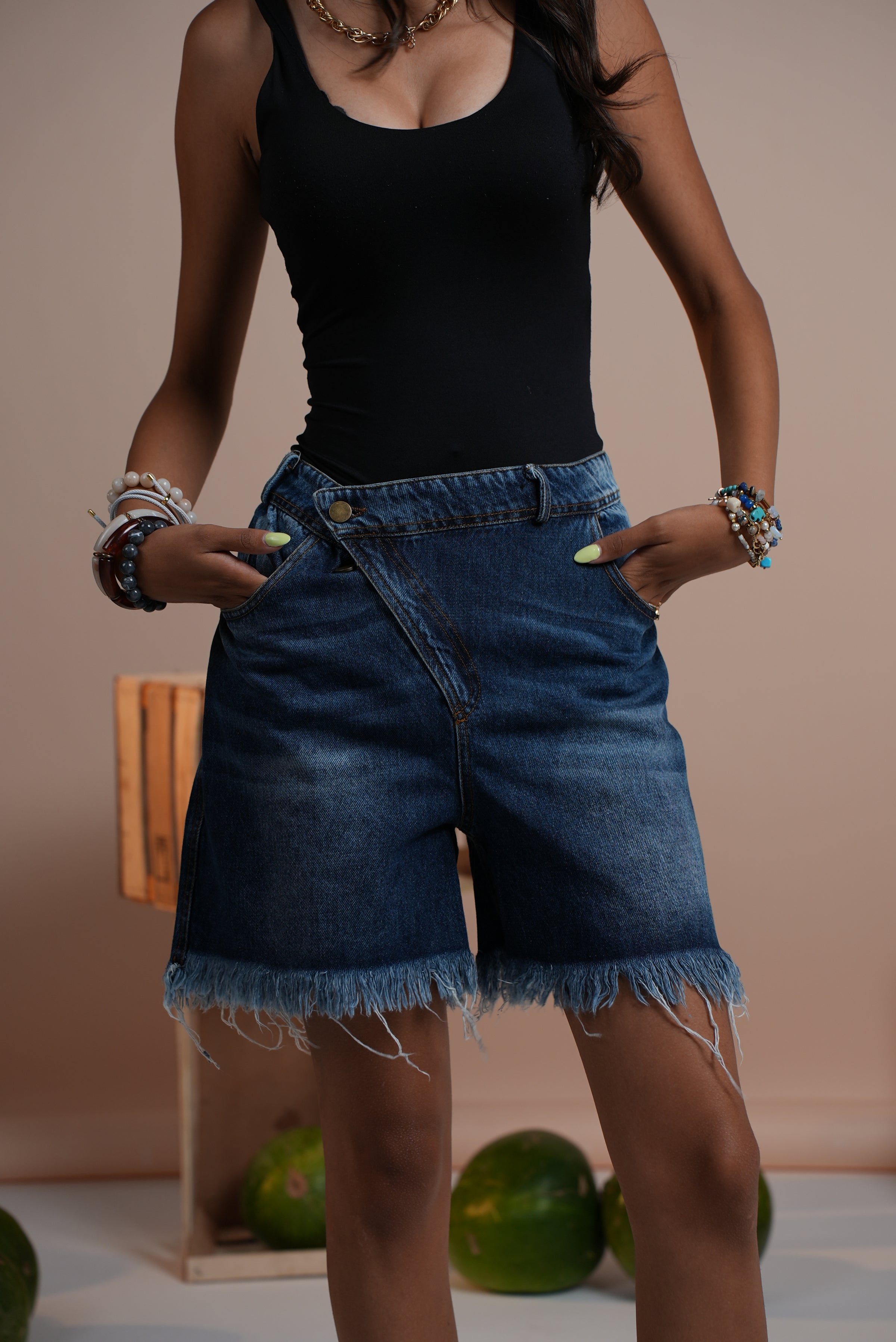 Skewed Shorts with Fringes