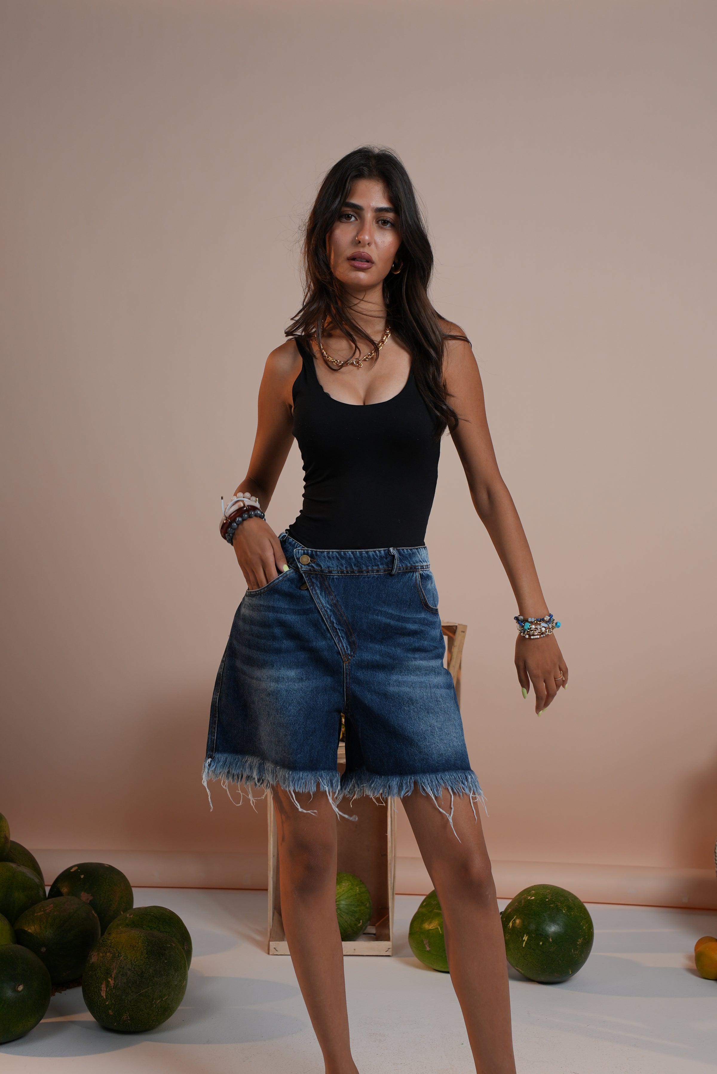 Skewed Shorts with Fringes