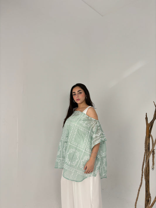 Embroidered organza cape-mint