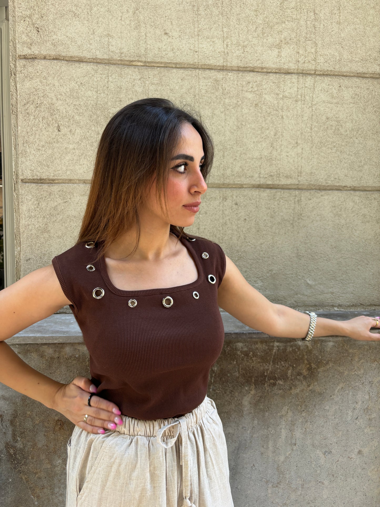 Cotton tank top-brown