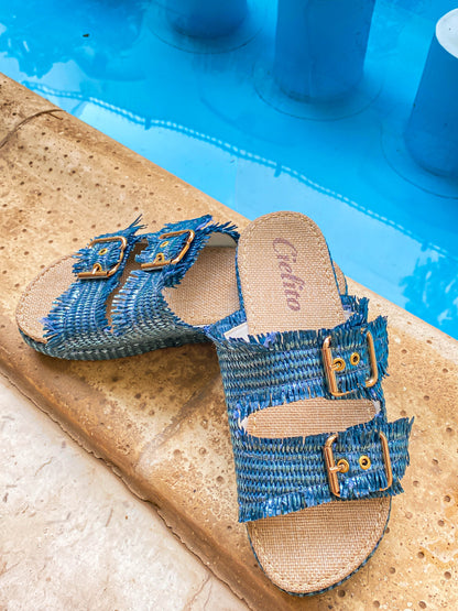 Organic Raffia Metallic Blue Slippers