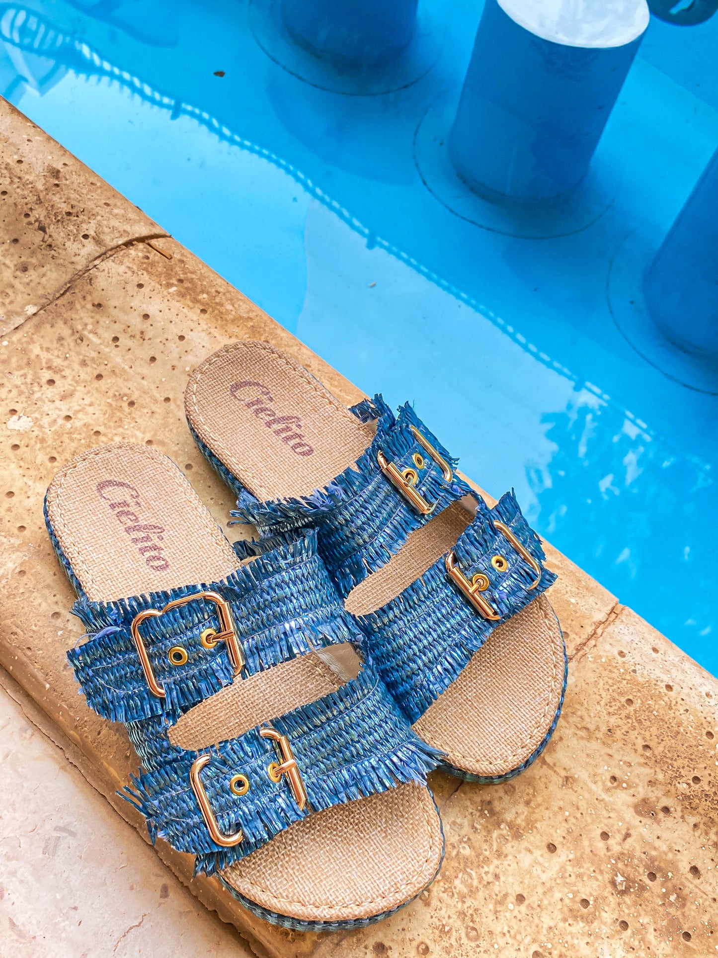 Organic Raffia Metallic Blue Slippers