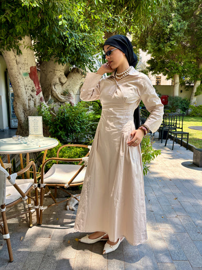 Cotton cinched waist dress-beige