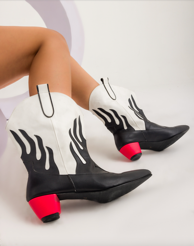 Flames Boots - Black x White with Red heel
