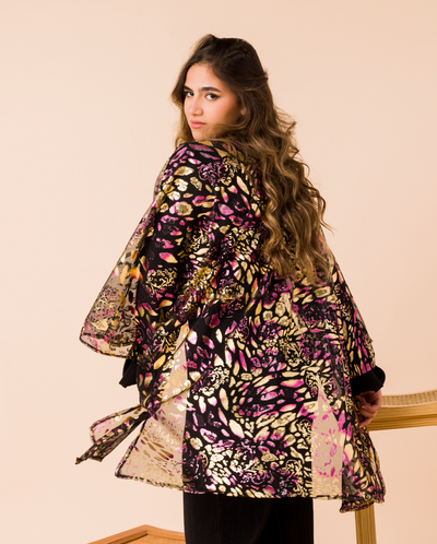 Fleuri Kimono - Black base with Gold and Pink pattern